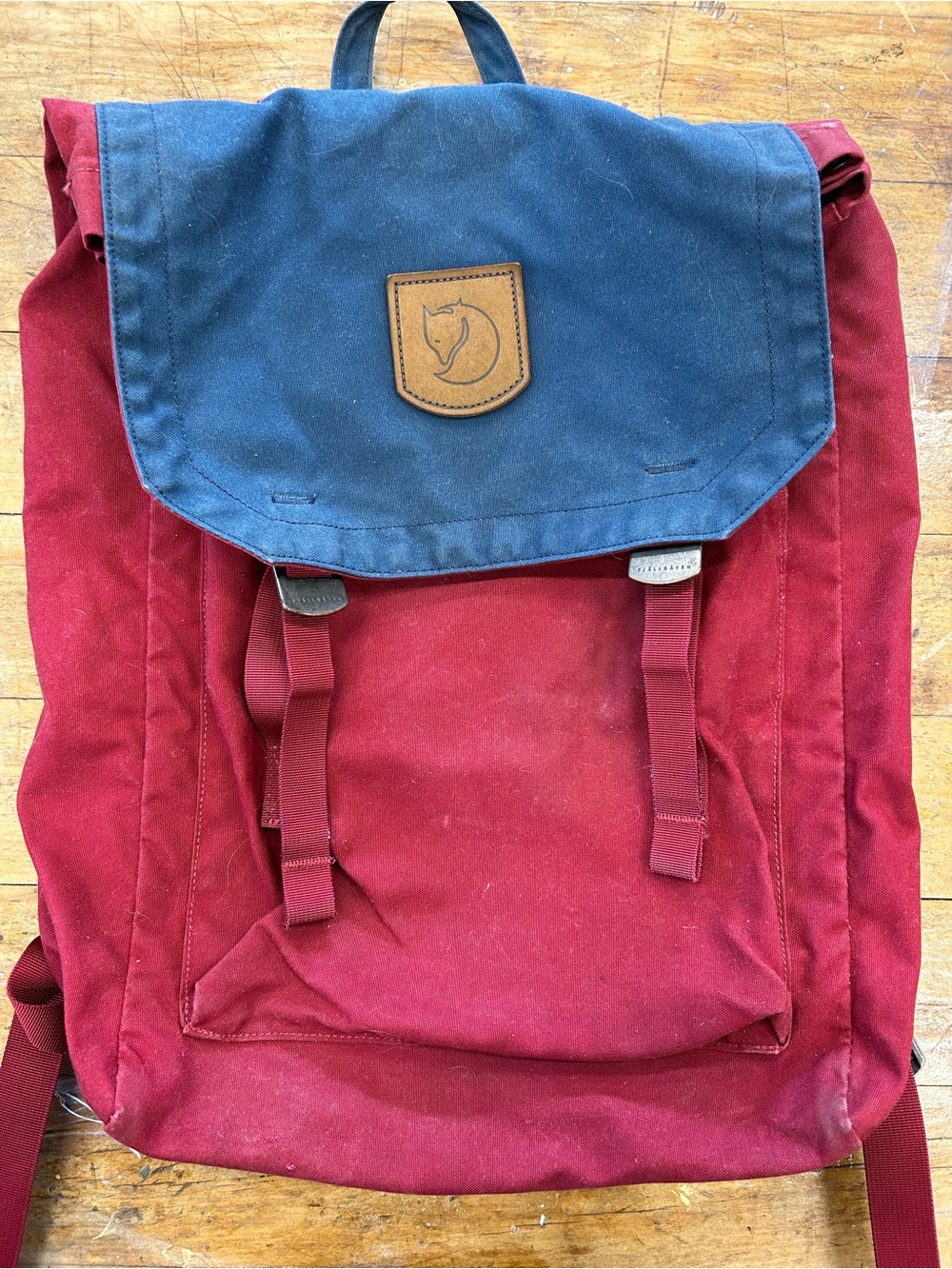 Fjallraven Two-Tone Red and Navy Blue Canvas Backpack
